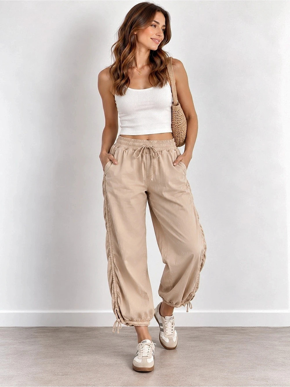 Easel Ruched Jogger Pants in Beige Size Small